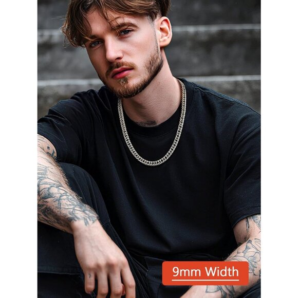 Men's 9mm Silver Stainless Steel 14K Gold Plated Miami Cuban Chain Necklaces - Picture 4 of 7